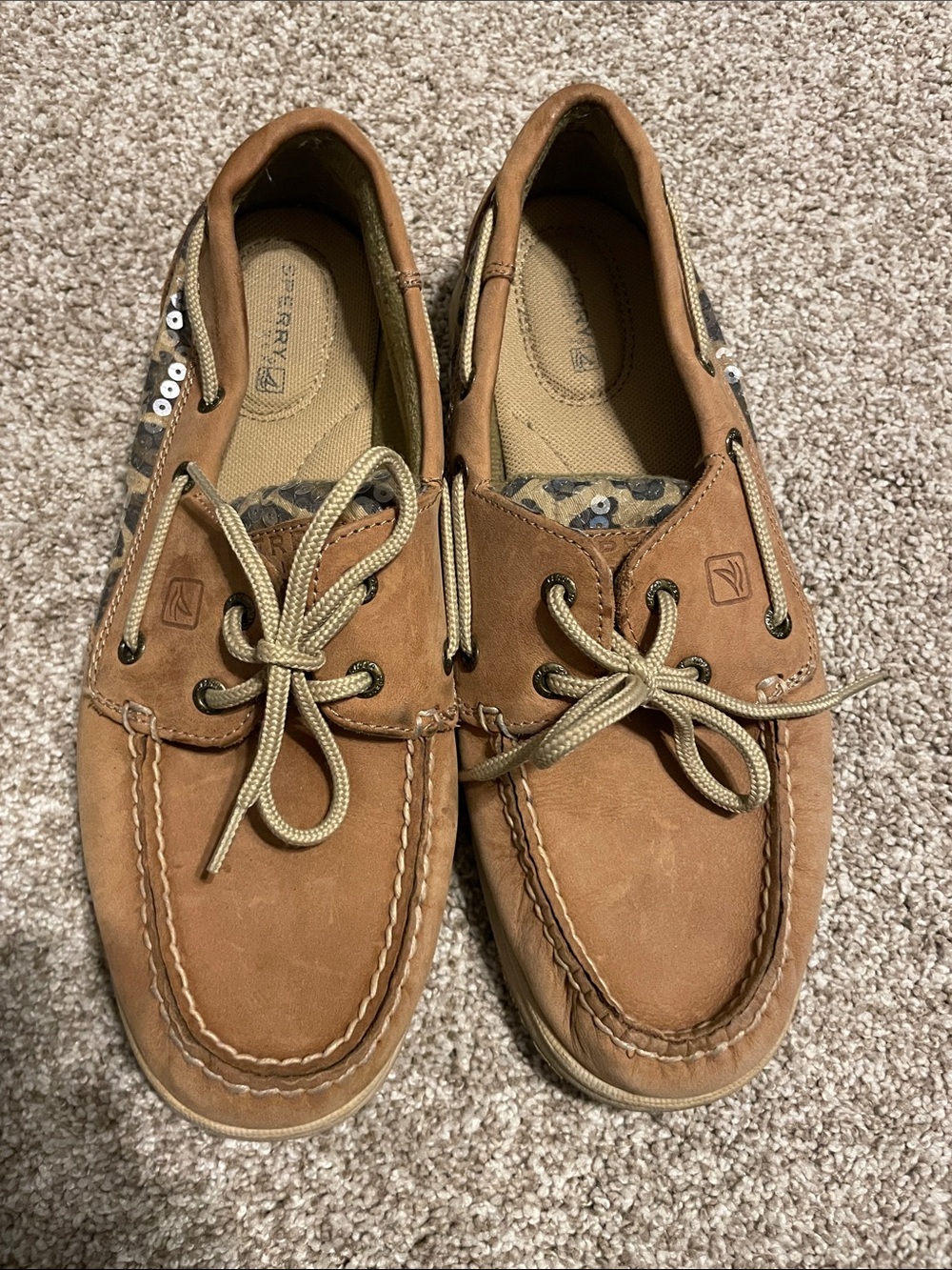 Sperry Tan Leather Boat Shoes with leopard accents